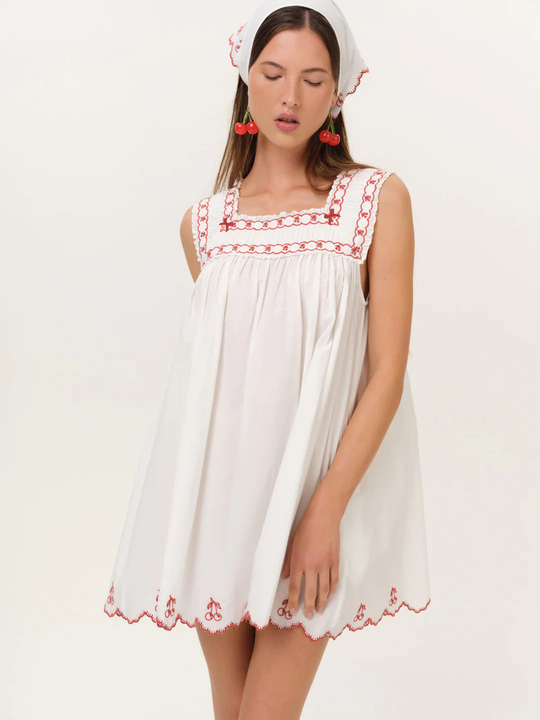 Red Embroidered Cotton Babydoll Mini Dress
