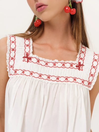 Red Embroidered Cotton Babydoll Mini Dress