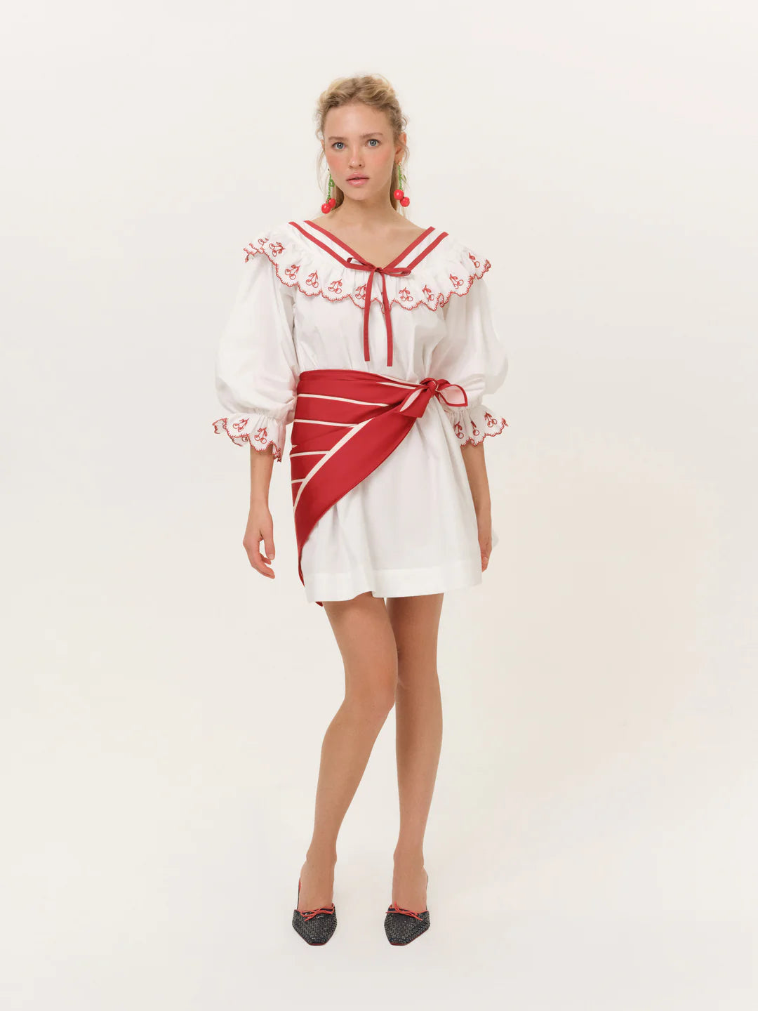 Red Cherry Embroidered Cotton Mini Dress