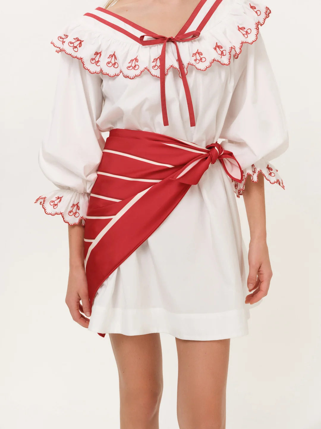 Red Cherry Embroidered Cotton Mini Dress