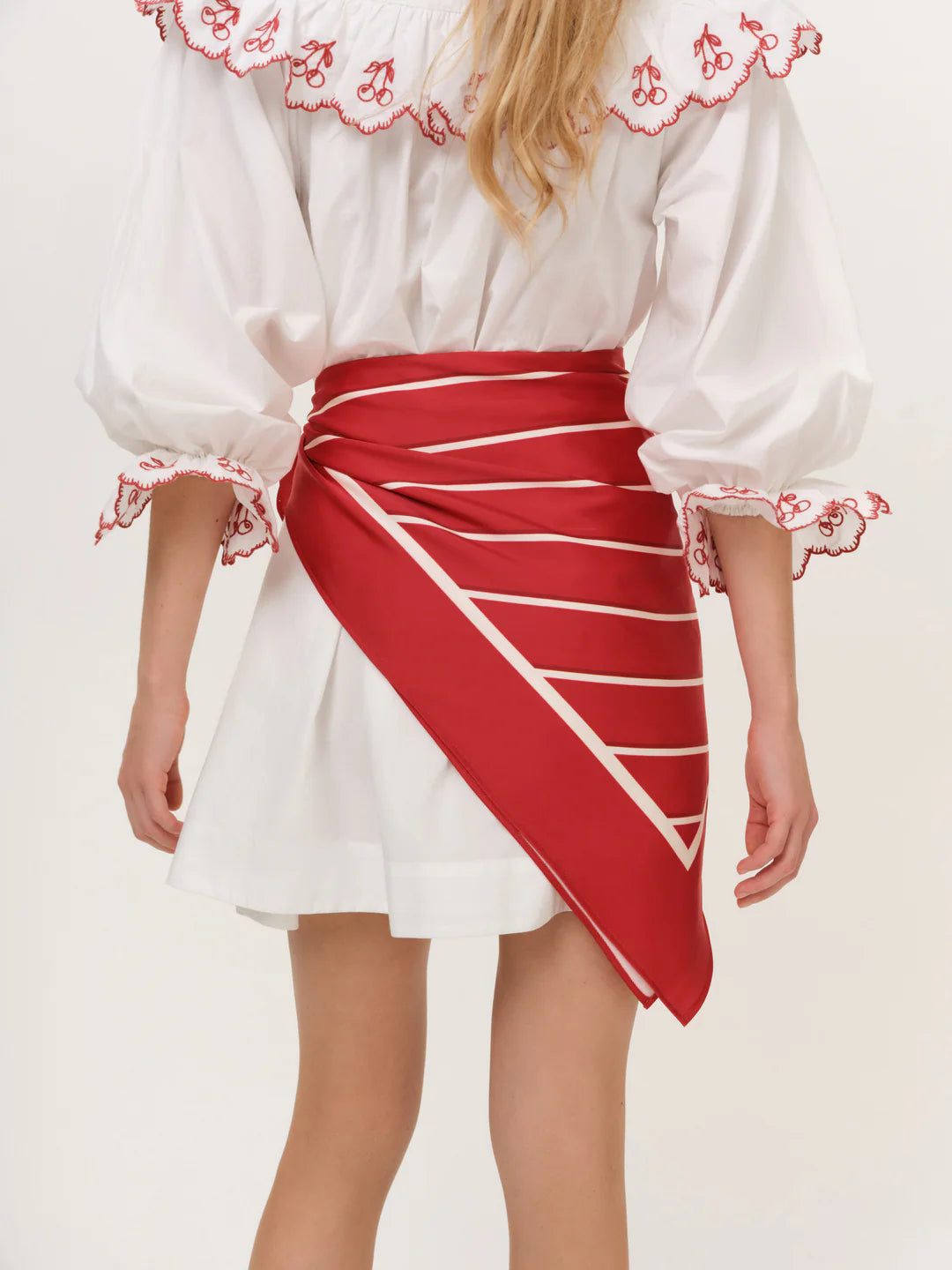 Red Cherry Embroidered Cotton Mini Dress