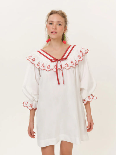 Red Cherry Embroidered Cotton Mini Dress