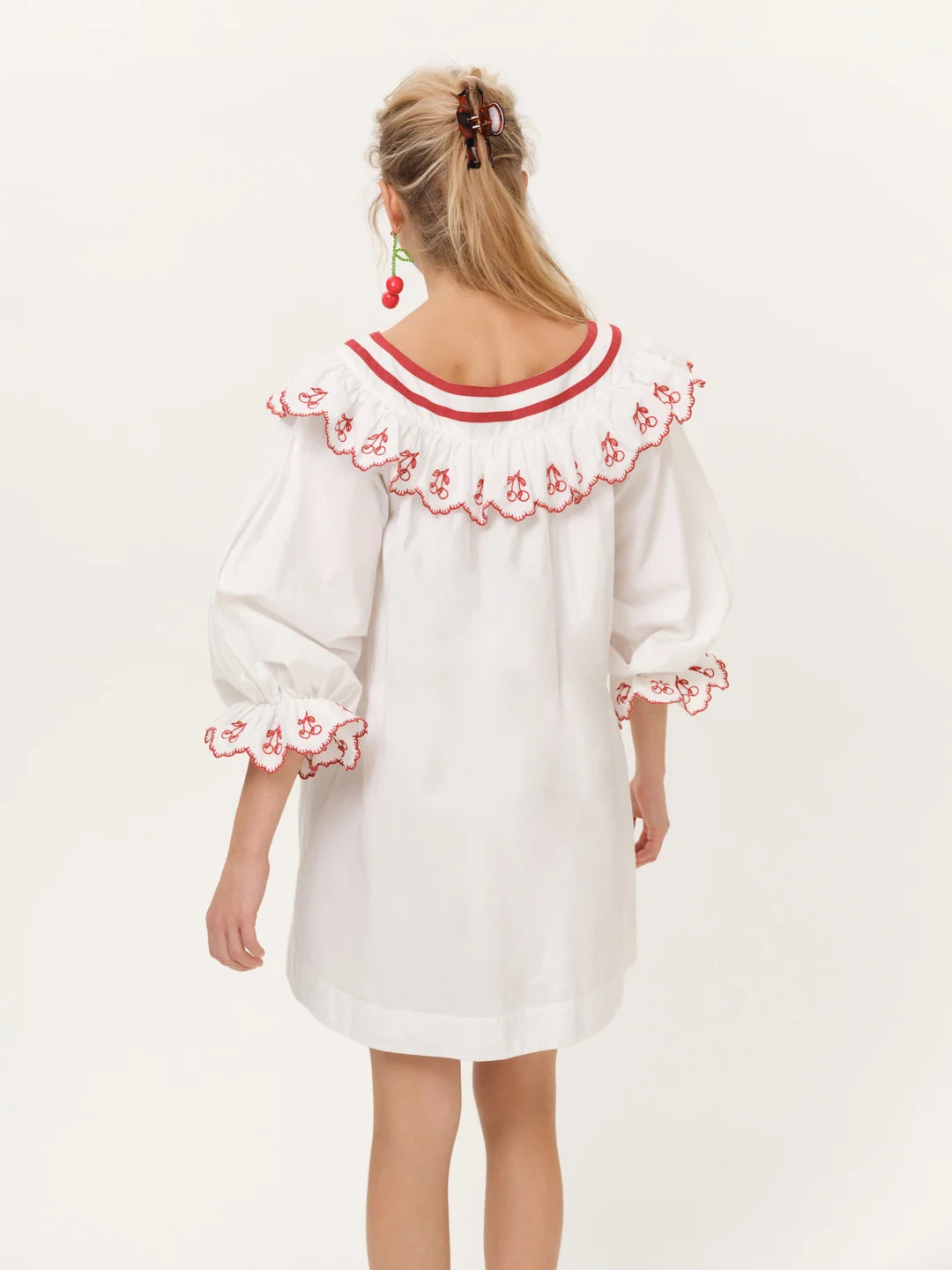 Red Cherry Embroidered Cotton Mini Dress