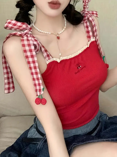 Print Tie Strap Cherry Top