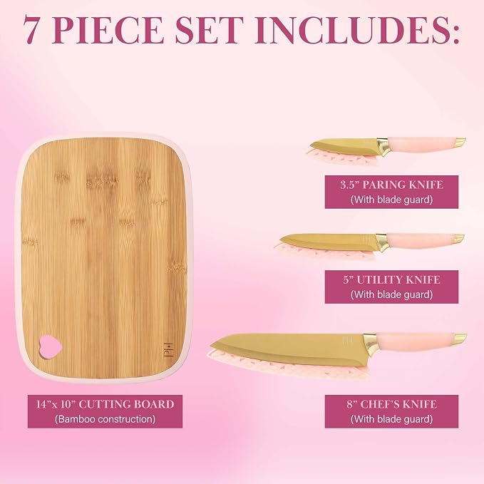 Paris Hilton Bamboo Cutting Board & Knife Set – Pink (7 Piece)