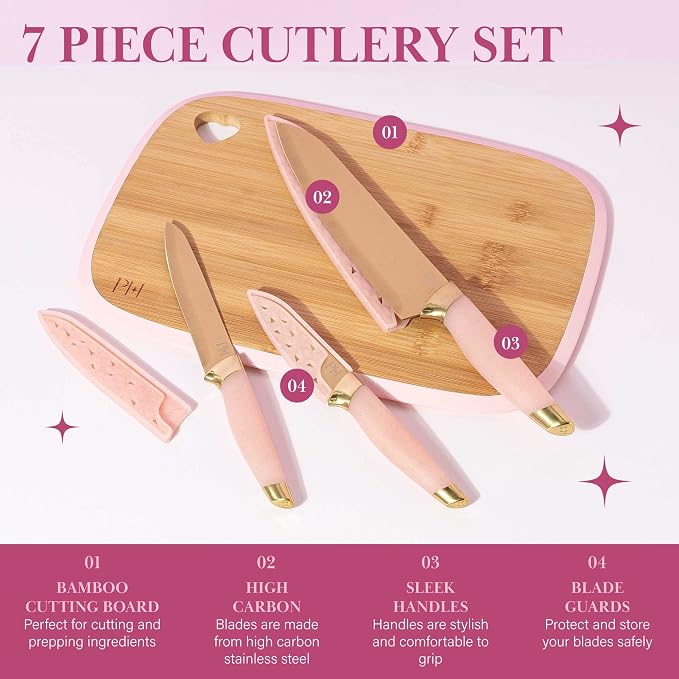 Paris Hilton Bamboo Cutting Board & Knife Set – Pink (7 Piece)
