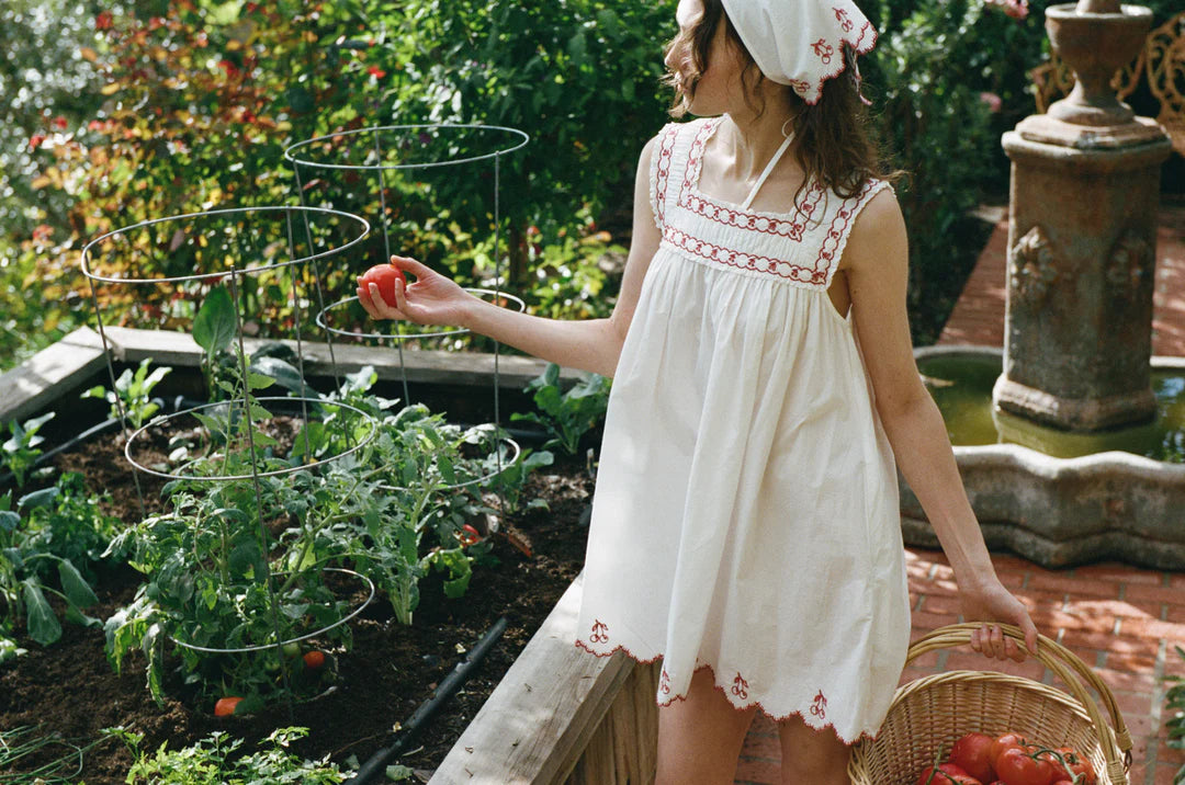 Red Embroidered Cotton Babydoll Mini Dress