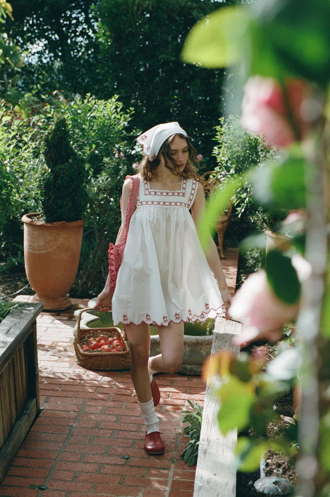 Red Embroidered Cotton Babydoll Mini Dress