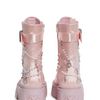Angelcore Mayhem Boots back view: light pink satin finish with chunky heels, ribbon laces, and removable cross and heart charm straps.