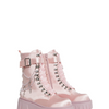 Angelcore Mayhem Boots in light pink, featuring chunky platforms, satin finish, ribbon laces, buckle straps, side zippers, and removable charms.
