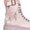 Angelcore Mayhem Boots with chunky platforms, shiny satin build, adjustable ribbon laces, buckle straps, side zippers, and removable beaded straps with cross and heart charms.