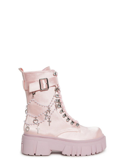Angelcore Mayhem Boots, featuring a dreamy blend of edgy and ethereal with platform soles, lace details, and soft pastel tones.