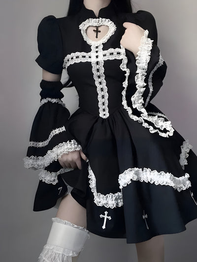 Embroidered Gothic Dress with sleeves, featuring unique lace details and embroidered crosses for a dark, elegant touch.