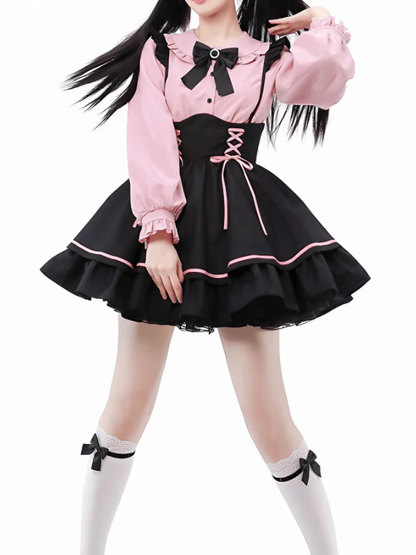 Black Ruffled Suspender Skirt with straps, featuring a kawaii back style with playful ruffles and a cute, edgy design.