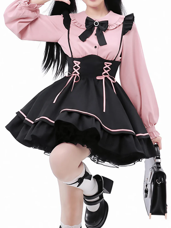 Black Ruffled Suspender Skirt with straps, featuring a cute and stylish design with playful ruffles for a chic, edgy look.