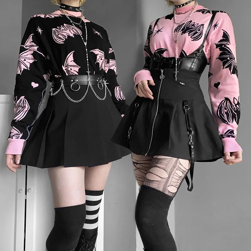 Pink Knit Sweater with Bats and Hearts