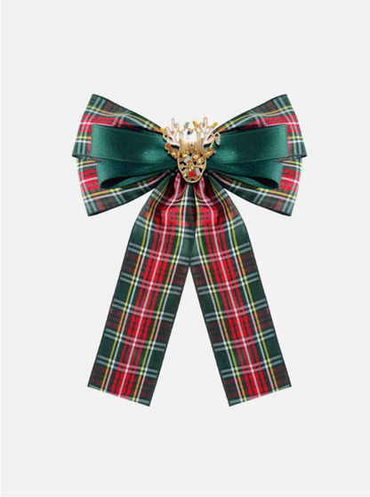 Rhinestones Elk Design Dark Green/Red Plaid Christmas Big Bow Tie
