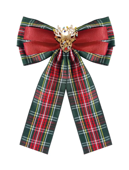 Rhinestones Elk Design Dark Green/Red Plaid Christmas Big Bow Tie