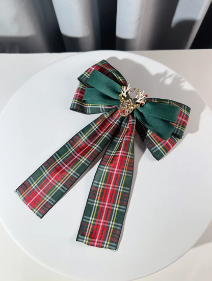 Rhinestones Elk Design Dark Green/Red Plaid Christmas Big Bow Tie