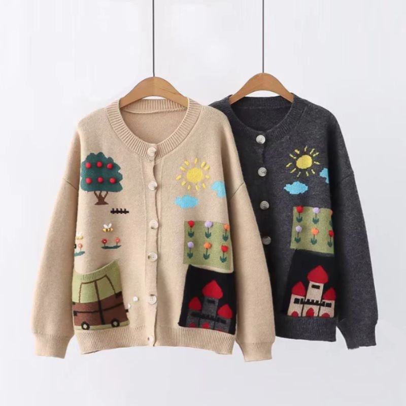 Cartoon knit cardigan with playful design, kawaii fashion style.