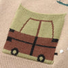 Cartoon knit cardigan with playful designs and front illustrated pockets.