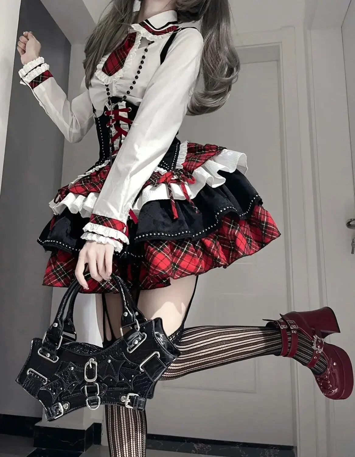 Plaid Pattern Gothic Dress Set Ruffle Skirt