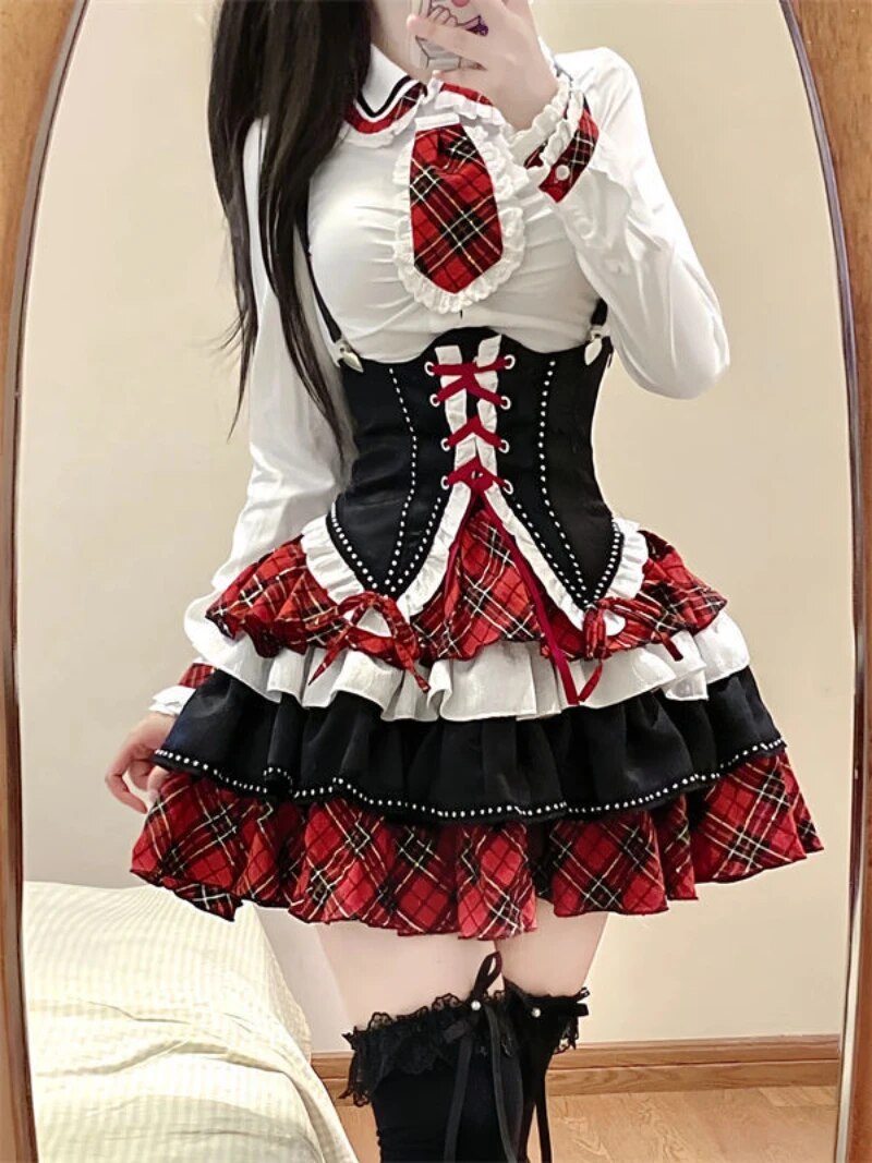 Plaid Pattern Gothic Dress Set Ruffle Skirt