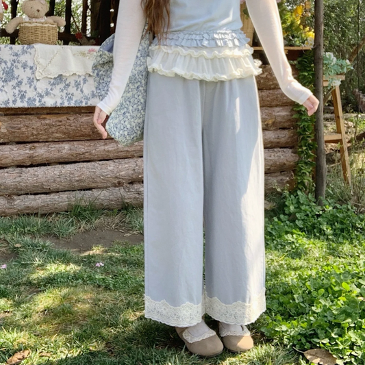 Coquette Lace Hem Pants – Romantic Soft Girl Style