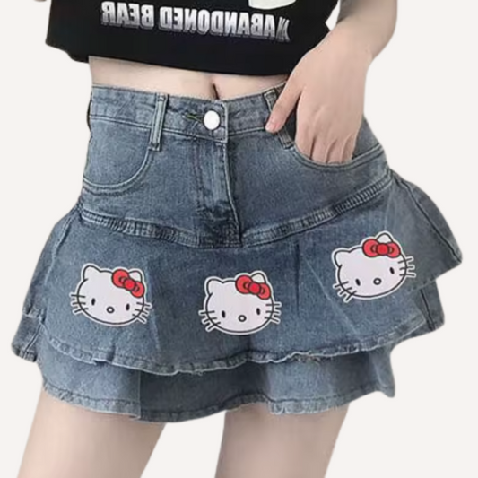 Cute Denim Skirt With Kitty Vibes