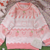 Cute Pink Strawberry & Bear Sweater in cotton, one size: Length 55cm, Bust 105cm, Shoulder 37cm, Sleeve 58cm. Playful and sweet design.