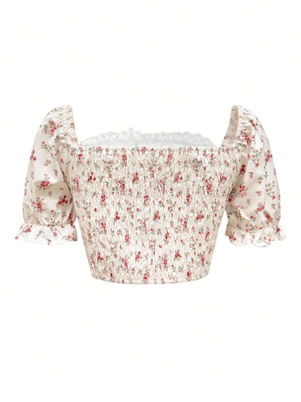 Cute puff sleeve blouse with floral print, white polyester fabric, kawaii fashion aesthetic, sizes S–XL.