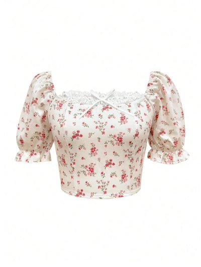 Romantic white floral top with short puff sleeves, square neck, lace chest detail, soft girl style shirt.