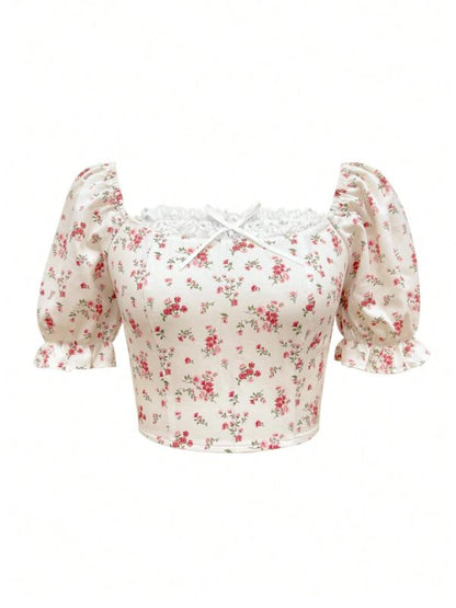 Romantic white floral top with short puff sleeves, square neck, lace chest detail, soft girl style shirt.