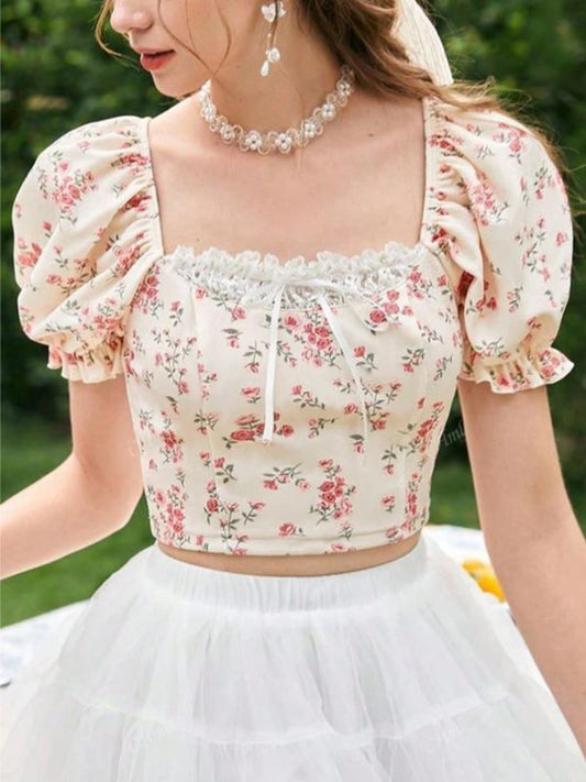 White floral puff sleeve top with square neckline and lace detail, cute kawaii blouse, sizes S to XL.