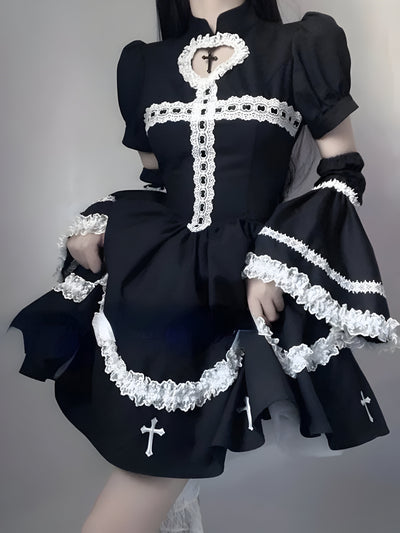 Embroidered Gothic Dress with sleeves, featuring intricate details for a dark and elegant look.