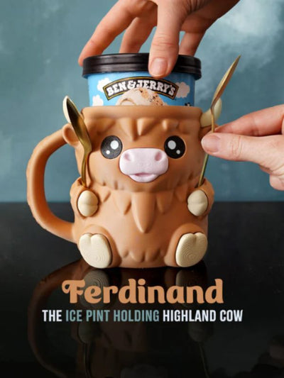 Ferdinand Highland Cow ice cream pint holder, cute and functional.