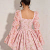 Kawaii pink floral dress with long sleeves, short princess cut, side zipper, feminine and stylish outfit.