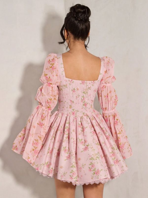 Kawaii pink floral dress with long sleeves, short princess cut, side zipper, feminine and stylish outfit.