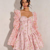Pink floral princess dress with long sleeves, short length, side zipper, romantic kawaii style, sizes XS to 3XL.