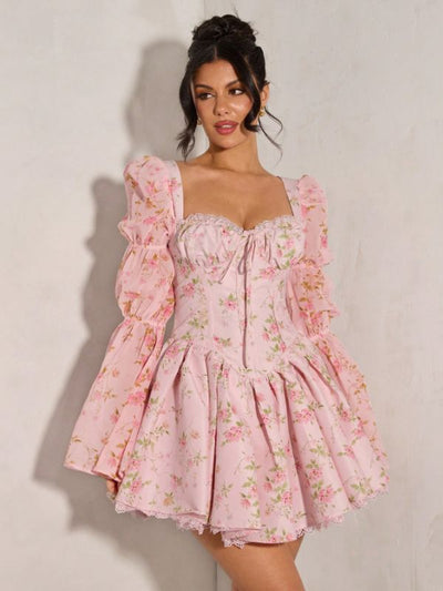 Pink floral princess dress with long sleeves, short length, side zipper, romantic kawaii style, sizes XS to 3XL.