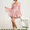 Romantic pink princess dress in polyester, long sleeves, short length, side zipper, available in sizes XS to 3XL.
