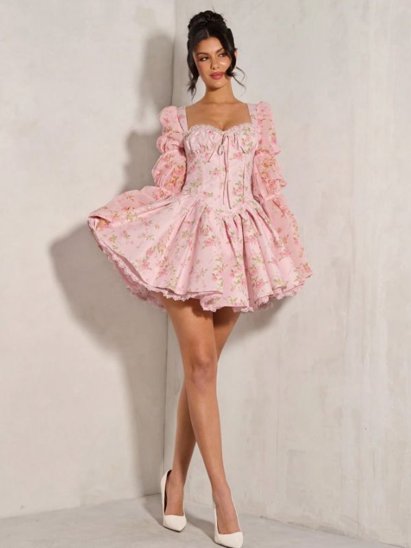 Soft pink princess dress with floral details, long sleeve short dress, side zipper, elegant and cute outfit.