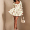 White floral princess dress with long sleeves, short length, side zipper, elegant kawaii style, sizes XS to 3XL.
