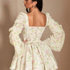 Romantic white princess dress with floral details, long sleeve short dress, side zipper, feminine and cute outfit.
