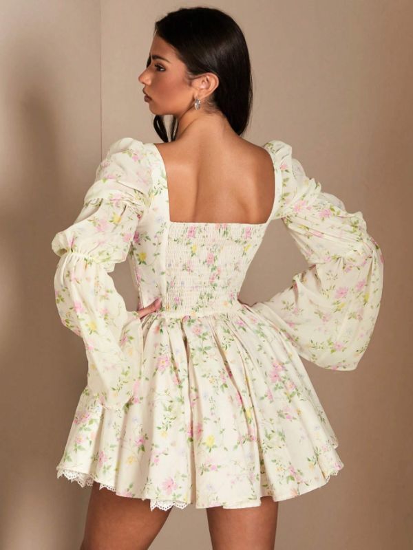 Romantic white princess dress with floral details, long sleeve short dress, side zipper, feminine and cute outfit.