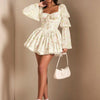 Elegant white princess dress in polyester, short length with long sleeves, side zipper, available in sizes XS to 3XL.