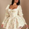 Kawaii white floral dress with long sleeves, short princess cut, zipper closure, romantic and stylish look.