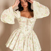 White princess dress, short floral style with long sleeves, soft polyester fabric, zipper on the side, sizes XS–3XL.