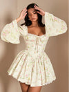White princess dress, short floral style with long sleeves, soft polyester fabric, zipper on the side, sizes XS–3XL.