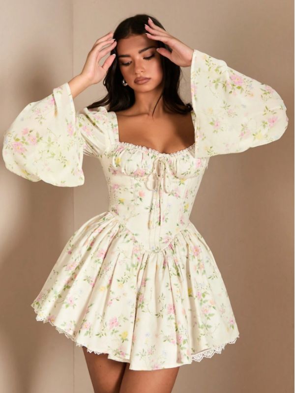 White princess dress, short floral style with long sleeves, soft polyester fabric, zipper on the side, sizes XS–3XL.